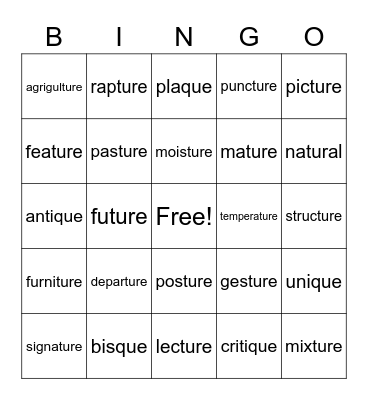 -ture Bingo Card