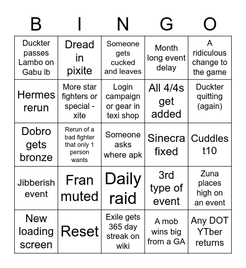 DOTO 2023 bingo Card