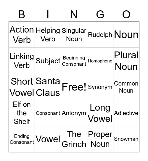 Language Arts/Christmas Bingo Card