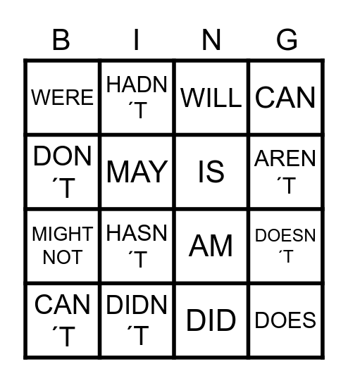 MODALS AND AUXILIARIES Bingo Card