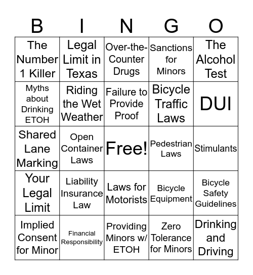 Driving Safety Bingo Card