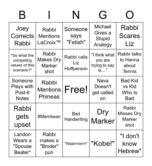 Rabbi Saiger Bingo Card