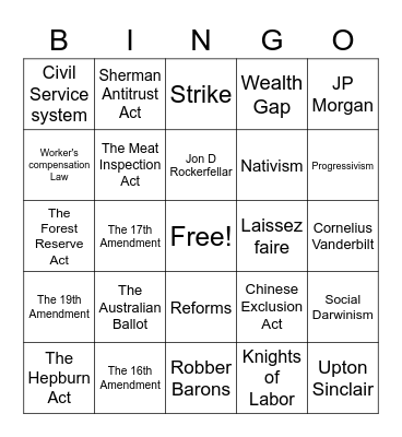Gilded Age Bingo Card