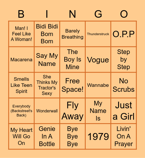 90's Music Bingo Card