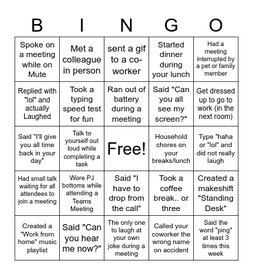 Remote Work Bingo Card