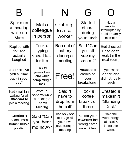 Remote Work Bingo Card