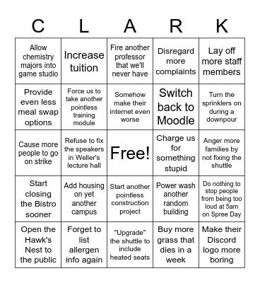 Clark's Poor Choices Bingo Card