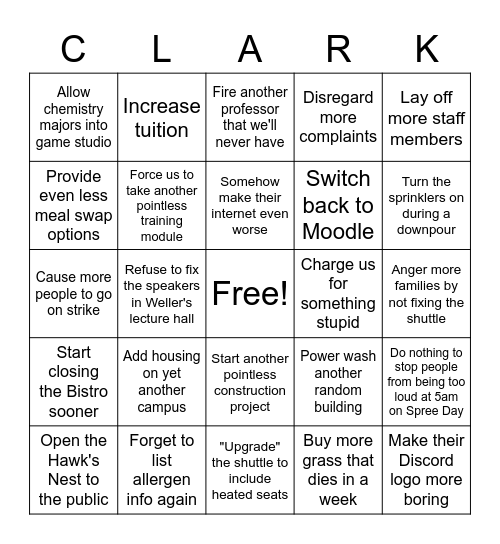 Clark's Poor Choices Bingo Card