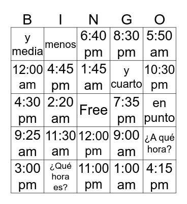 Telling Time Bingo Card