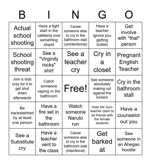 High school Experience Bingo Card