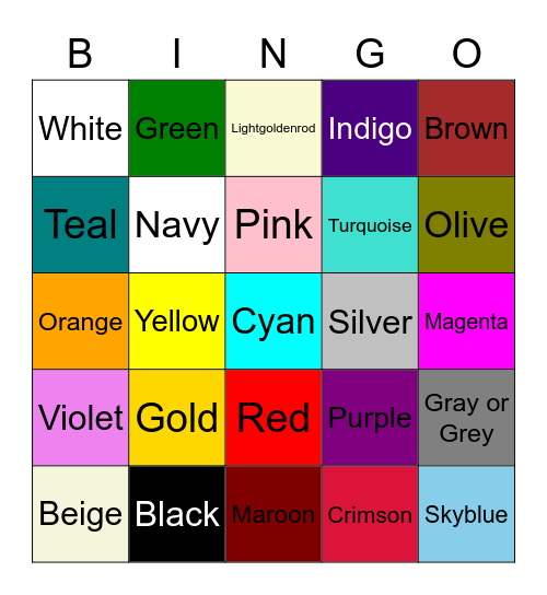 4x4 16 Colors Bingo Card
