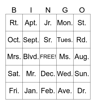 ABBREVIATIONS Bingo Card