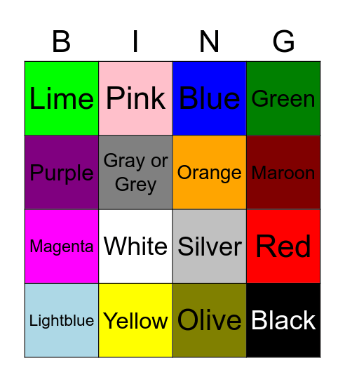 Colours Bingo Card