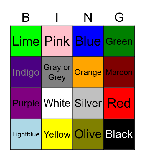 Colours Bingo Card