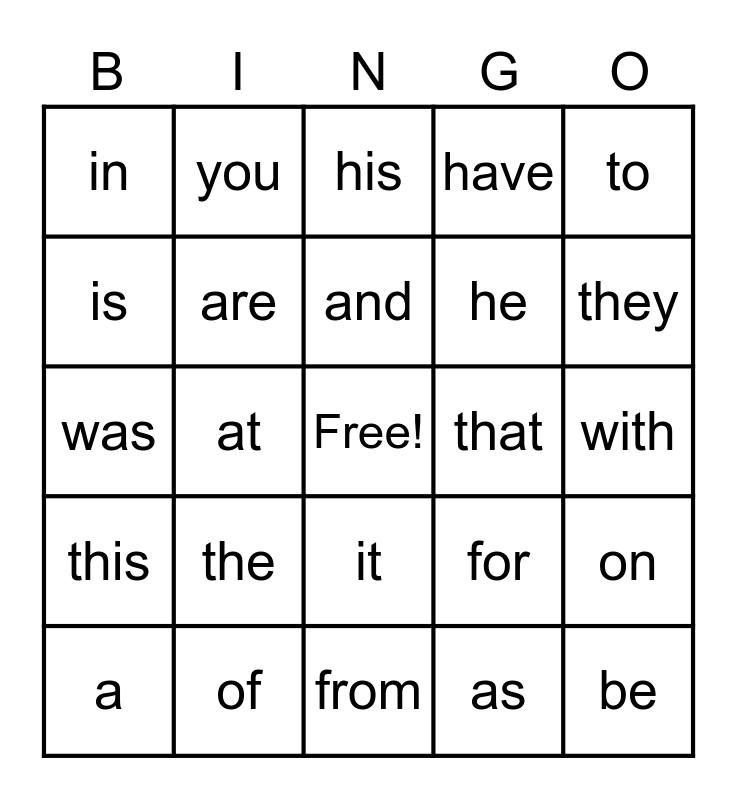 Instant Words: Level 1 Bingo Card