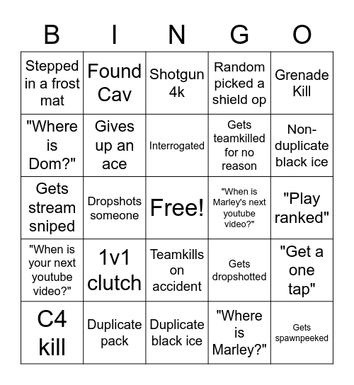 Siege Bingo Card