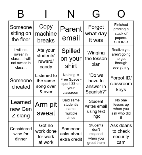 Teacher BINGO Card