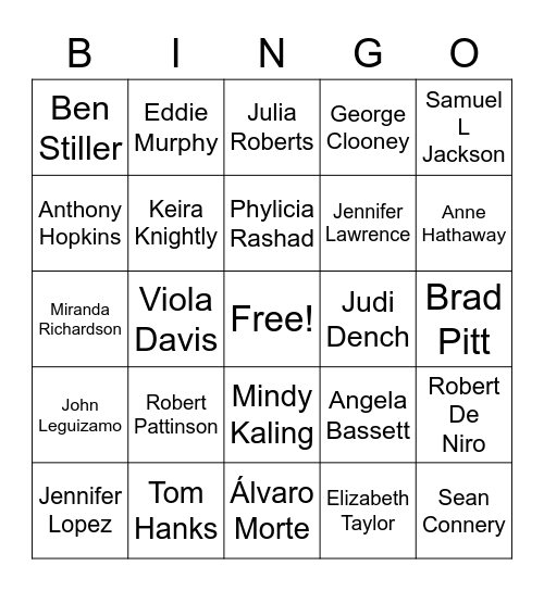 Famous Actors/Actresses Bingo Card