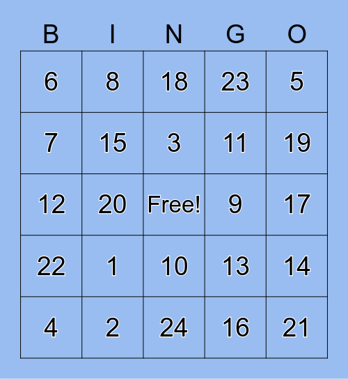 numeros 1-20 Bingo Card
