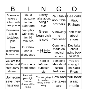 Weaver Thanksgiving BINGO 2015 Bingo Card