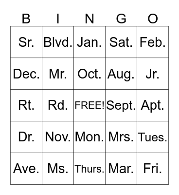 ABBREVIATIONS Bingo Card