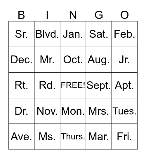 ABBREVIATIONS Bingo Card