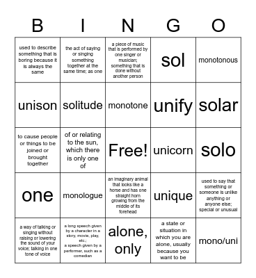 Vocabulary Unit 11 Bingo Card