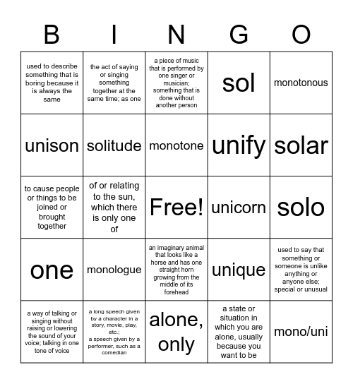 Vocabulary Unit 11 Bingo Card