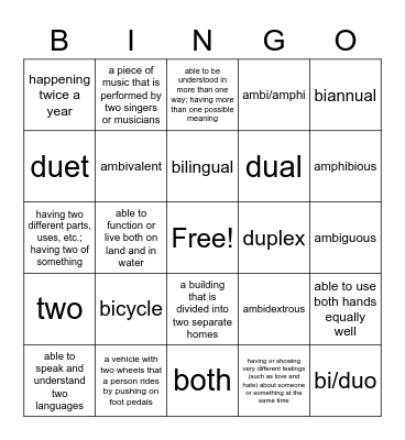 Vocabulary Unit 12 Bingo Card