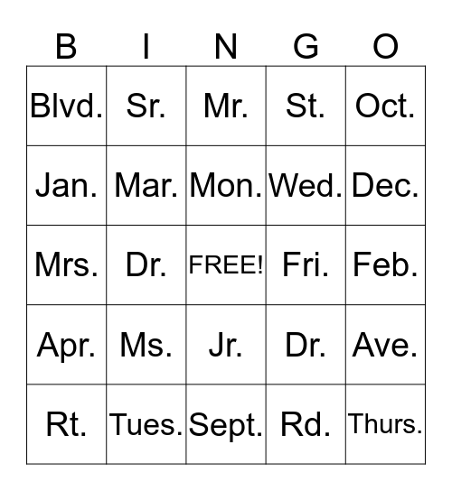 ABBREVIATIONS Bingo Card