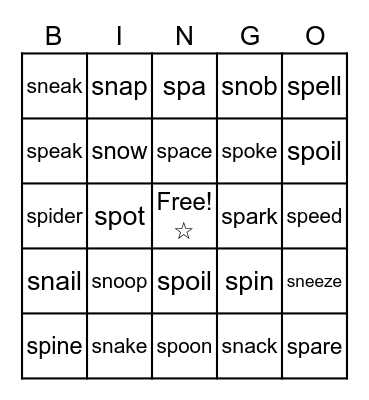 'sn' and 'sp' blend Bingo Card