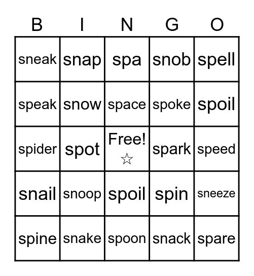 'sn' and 'sp' blend Bingo Card