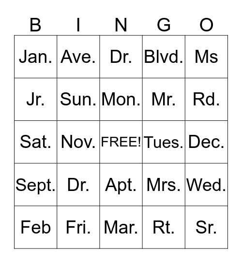 ABBREVIATIONS Bingo Card