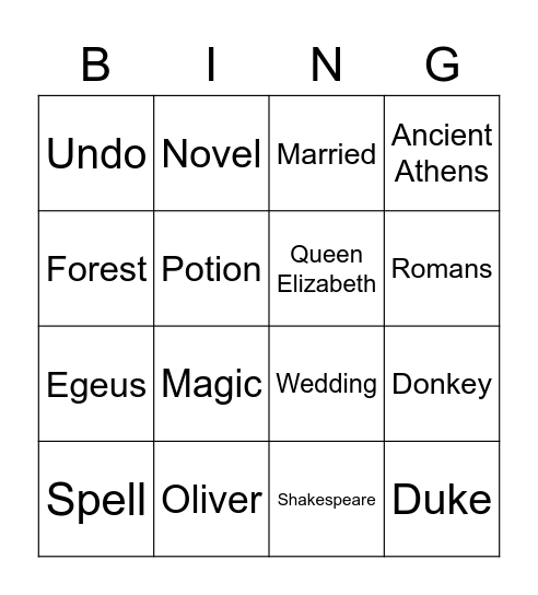 A Midsummer Night's Dream Bingo Card
