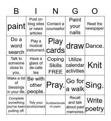 Coping Skills Bingo Card