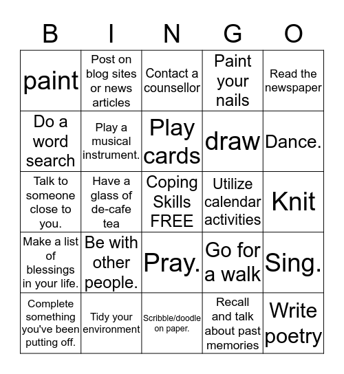 Coping Skills Bingo Card