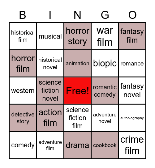 Types of films and books Bingo Card