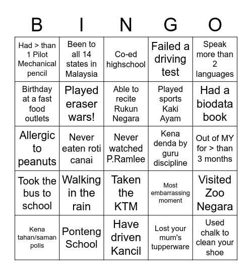 Malaysian Bingo Card