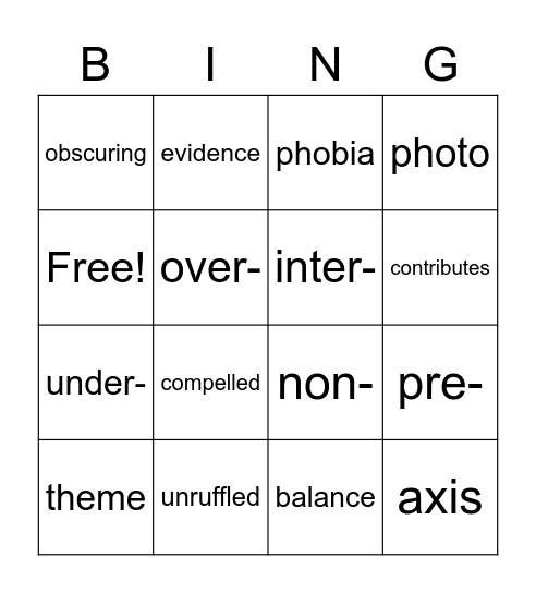 Week 20 Vocabulary Bingo Card