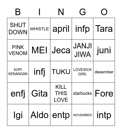 BINGO WITH KAYIN Bingo Card