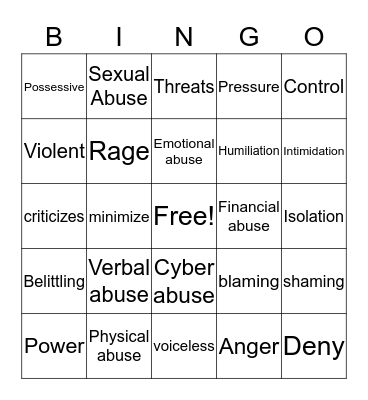 Domestic Violence Bingo Card