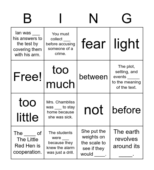 Week 20 Vocabulary Bingo Card