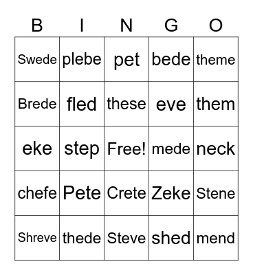 Long e Bingo Card