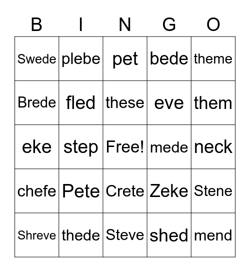 Long e Bingo Card