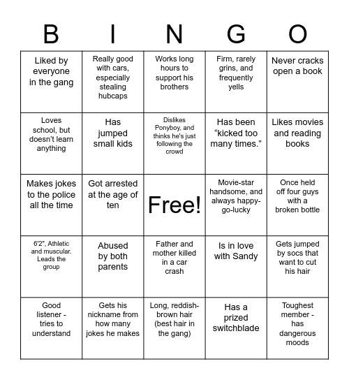 Outsiders Bingo Card