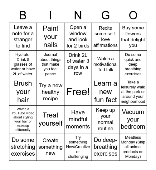 Self care activities bingo Card