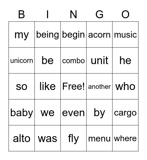 Open Syllable Bingo Card