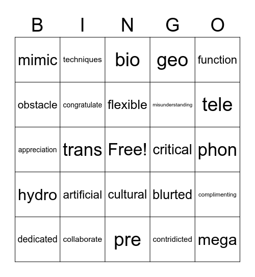 Vocabulary Unit 3 Bingo Card