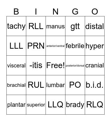 Nursing Terms Bingo Card