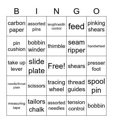 Sewing Tools/Parts Bingo Card